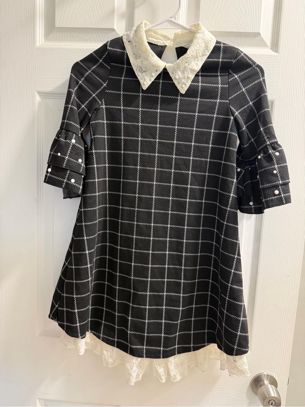 Beautees Black Windowpane Dress with Lace Collar